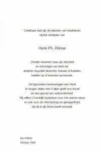 Dankbericht ivm overlijden H.P. (Henk) Romer (2008)